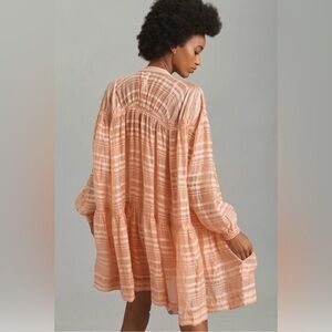 Anthropologie Zip Front Mini Dress L Peach Striped Boho Lined Flowy